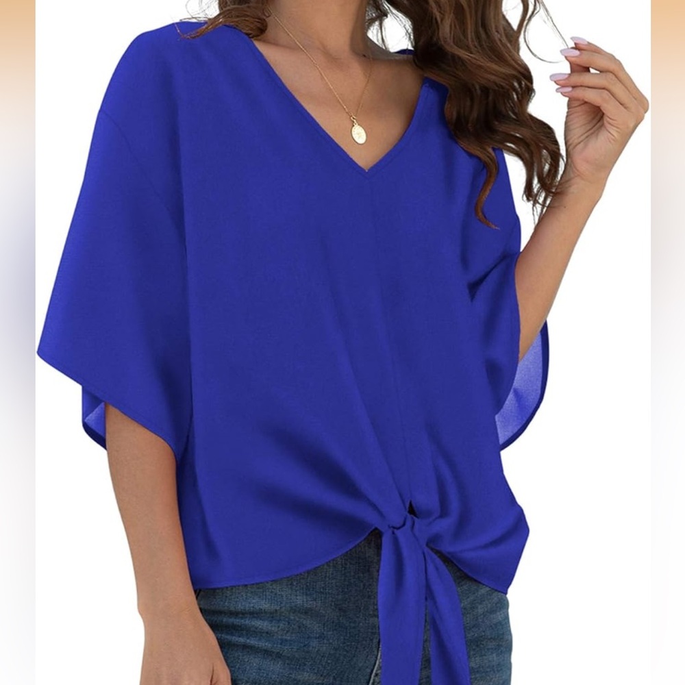 Women’s Large Elegant V-Neck Tie-Front Blouse - Royal Blue